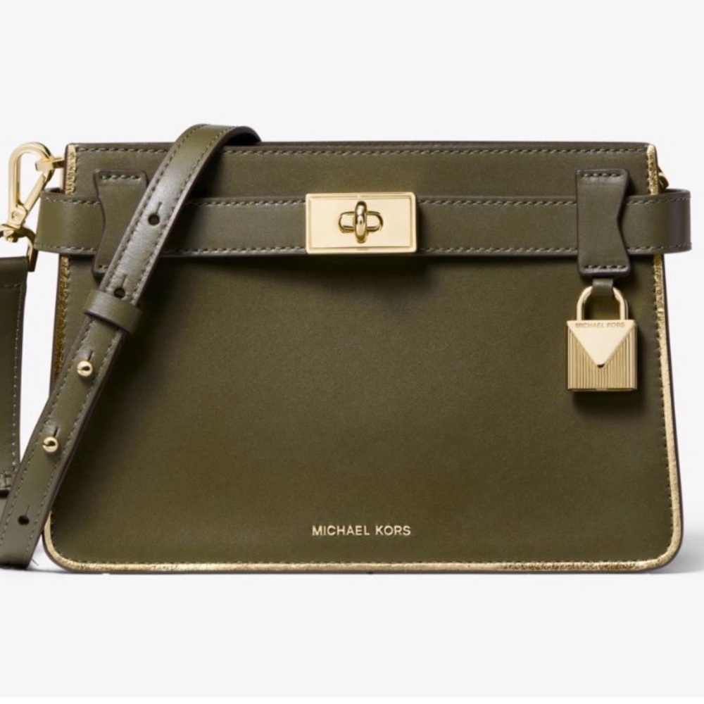 Michael Kors Tatiana Deep Olive Crossbody Bag with Gold Accents